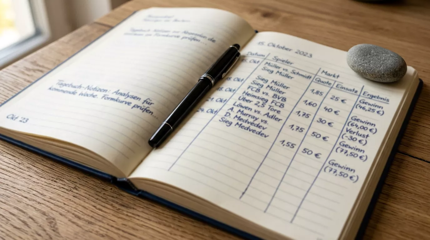 Wettjournal in Notizbuch mit Analyse-Notizen